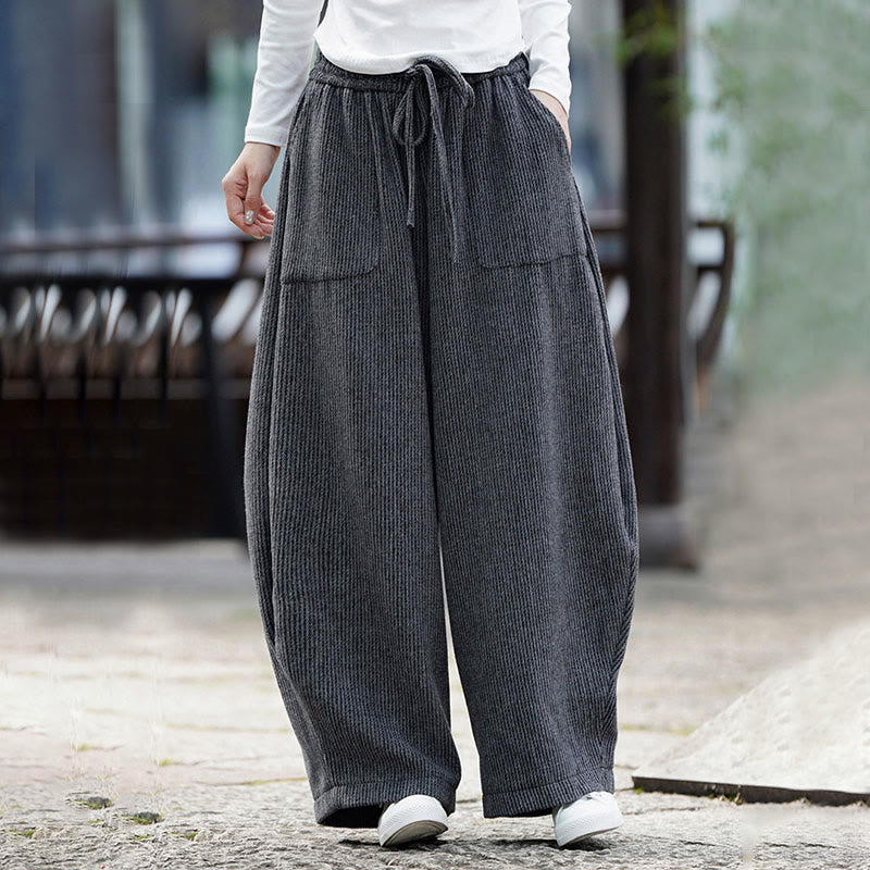 Buddha Stones Winter Men's Pure Color Drawstring Design Cotton High Waist Pants With Pockets
