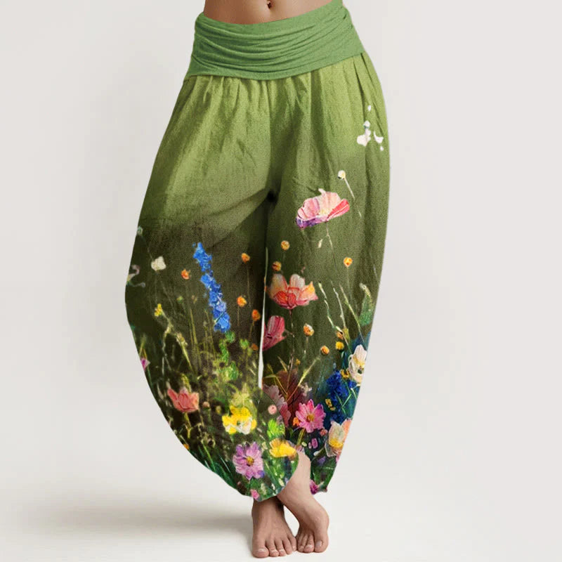 Buddha Stones Cotton Casual Watercolor Style Floral Pattern Women's Elastic Waist Harem Pants