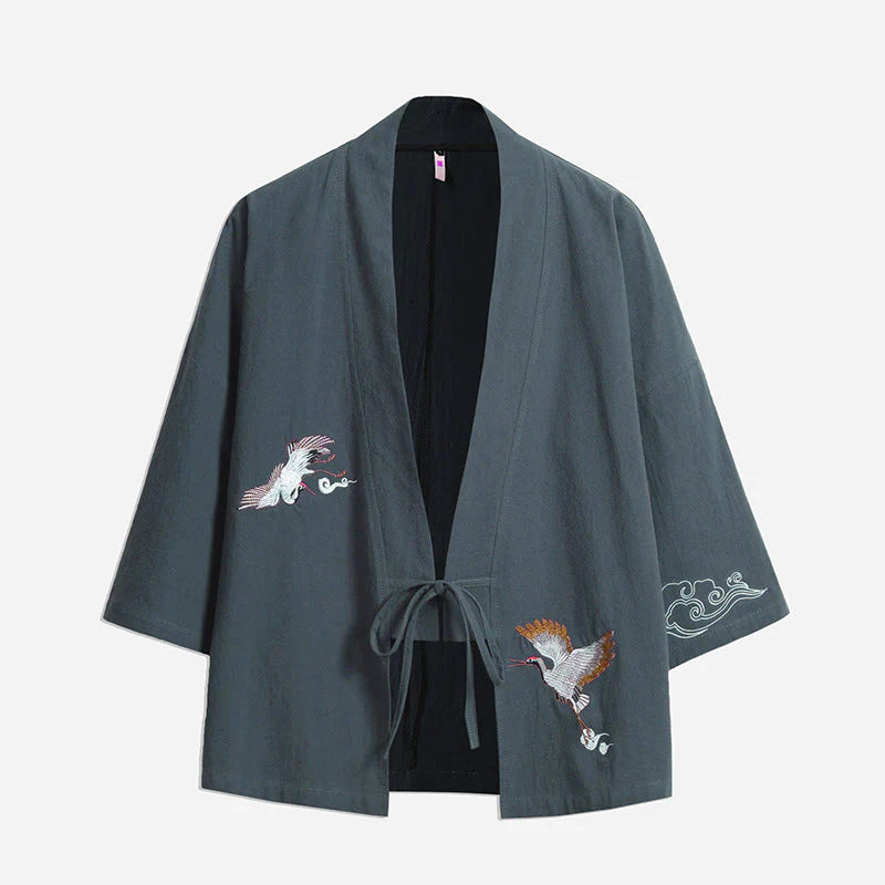 Buddha Stones White Crane Auspicious Clouds Embroidery Three Quarter Sleeve Men's Kimono