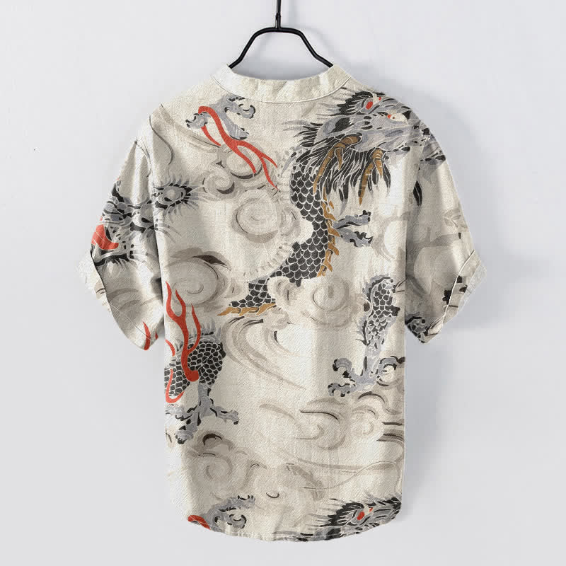 Buddha Stones Cotton Dragon Print Henley Men's Short Sleeve Half Button Shirt