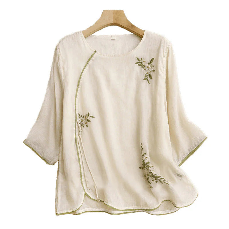 Buddha Stones Beige Floral Green Leaf Embroidery Crew Neck Three Quarter Sleeve Women's Cotton Shirt