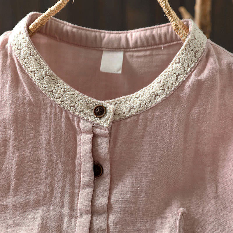 Buddha Stones Spring Fall Lace Collar Button Down Long Sleeve Women's Cotton Shirt