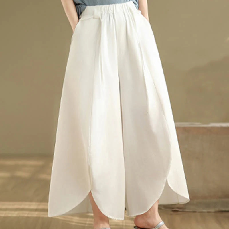 Buddha Stones Summer Vintage Lace-Up Women's Wide Leg Split Pants With Pockets