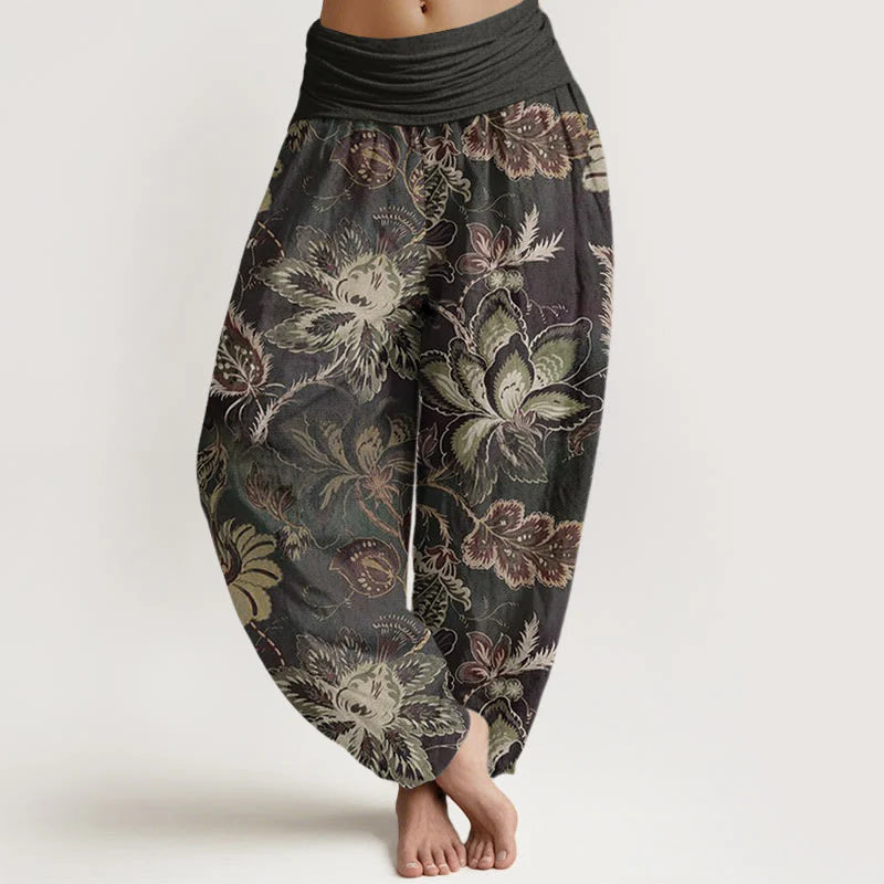 Buddha Stones Cotton Casual Floral Leaves Women's Elastic Waist Harem Pants