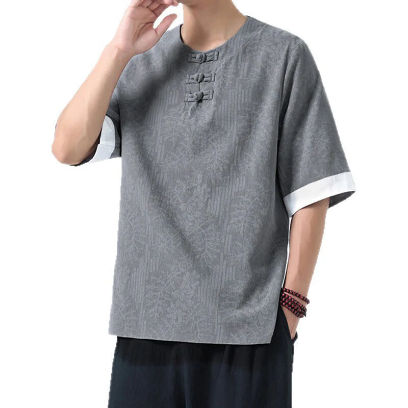 Buddha Stones Summer Flowers Grass Pattern Tang Suit Men's Frog-Button Half Sleeve Cotton Shirt