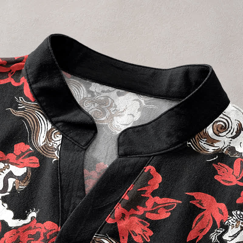 Buddha Stones Cotton Red Floral Cloud Print Henley Men's Short Sleeve Half Button Shirt