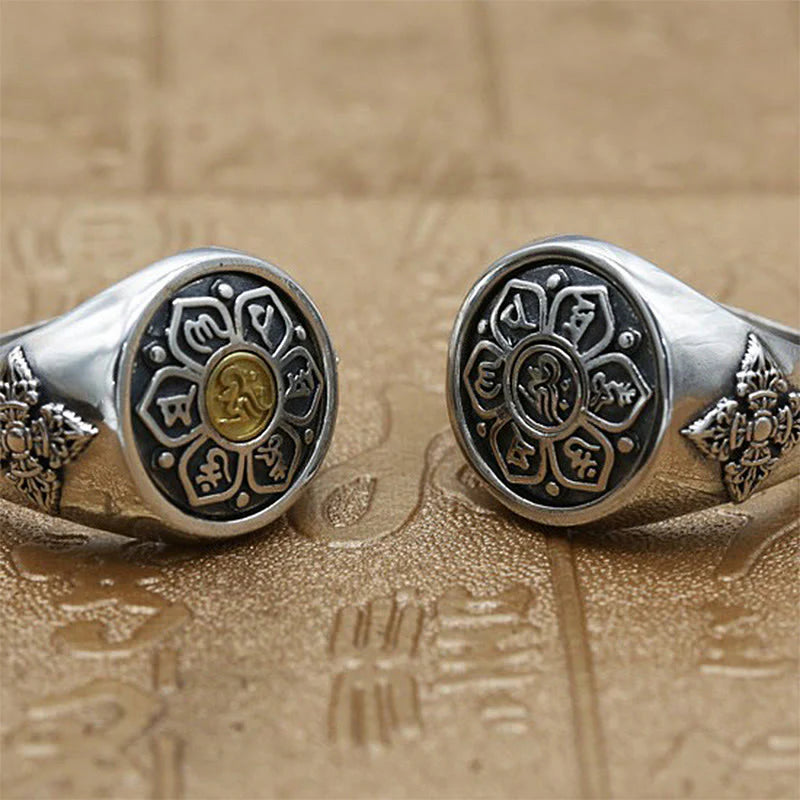Buddha Stones Tibetan Om Mani Padme Hum Vajra Pattern Copper Focus Rotatable Ring