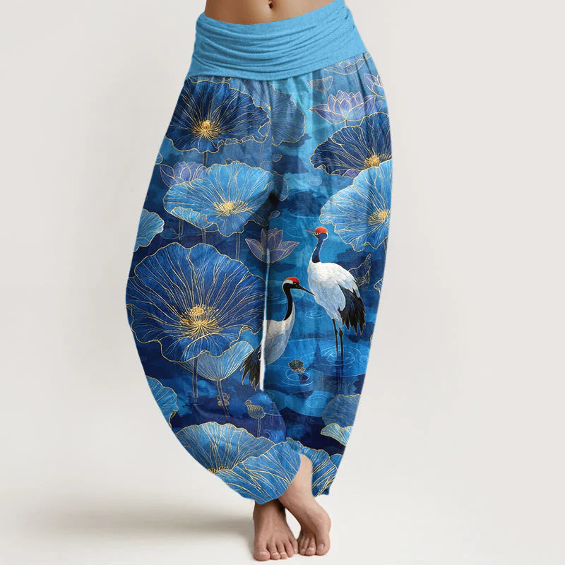 Buddha Stones Pure Cotton Elegant Crane Lotus Flower Leaf Pattern Women's Elastic Waist Harem Pants