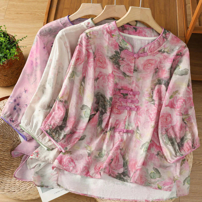 Buddha Stones Printing Floral Plain Chinese Frog-Button Women's Cotton Three Quarter Sleeve Shirt