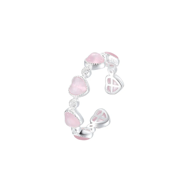 Buddha Stones 925 Sterling Silver Pink Cat's Eye Heart Design Adjustable Love Ring