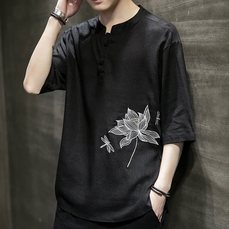 Buddha Stones Summer Embroidered Lotus Dragonfly Pattern Chinese Frog-Button Men's Short Sleeve T-shirt
