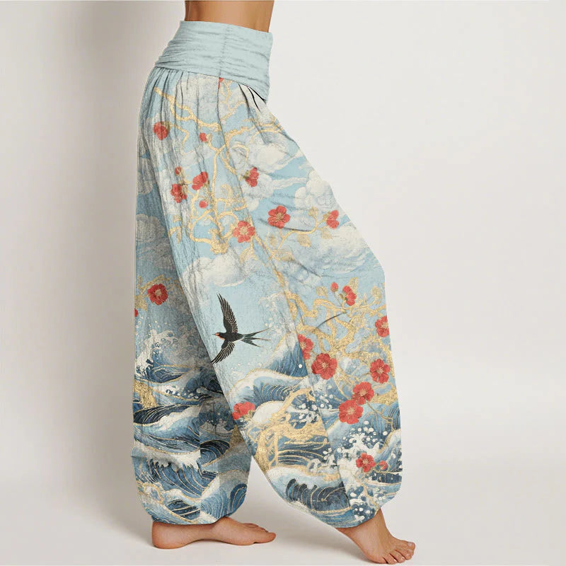 Buddha Stones Pure Cotton Auspicious Clouds Red Blossoms Swallow Ocean Waves Women's Elastic Waist Harem Pants
