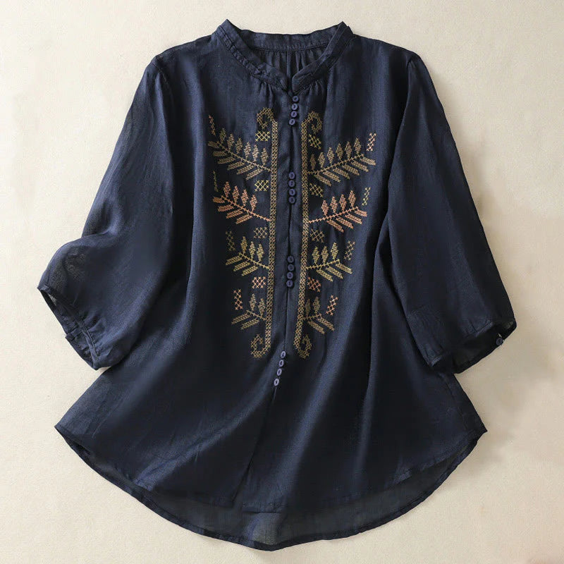 Buddha Stones Casual Artistic Embroidery Leaves Pattern Women's Cotton Linen Three Quarter Sleeve Shirt Cardigan