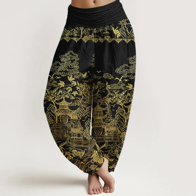 Buddha Stones Cotton Classical Architecture Landscape Animal Auspicious Clouds Pattern Women's Elastic Waist Harem Pants
