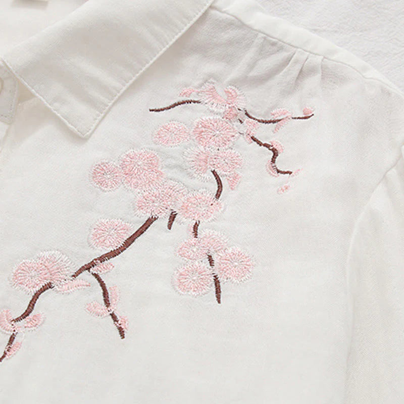 Buddha Stones Fall Pink Plum Blossoms Embroidery Buttons Women's Cotton Long Sleeve Shirt