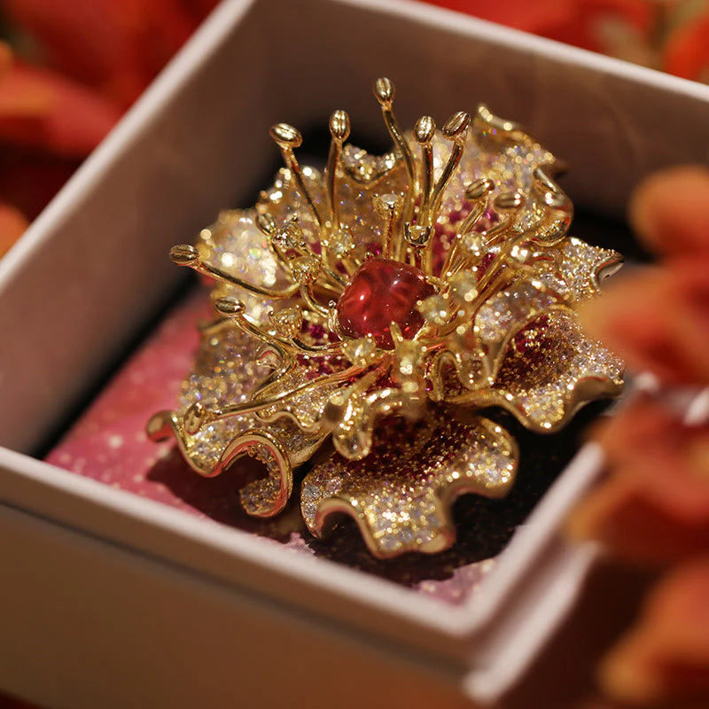 Buddha Stones Peony Flower Prosperity Copper Brooch