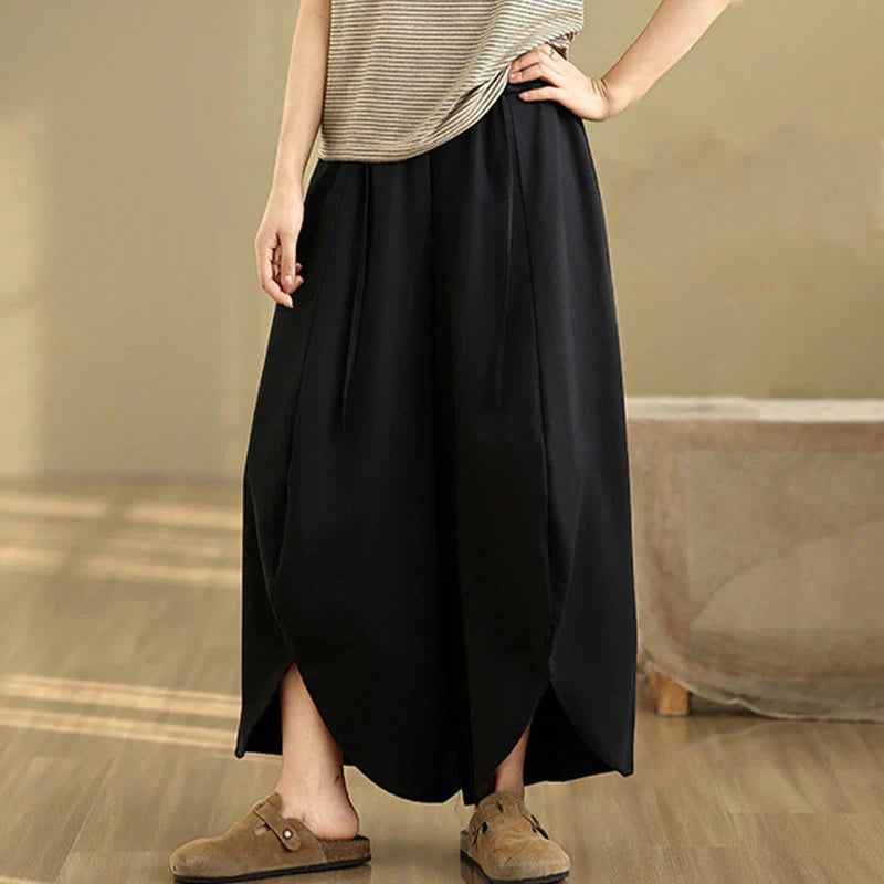 Buddha Stones Summer Vintage Lace-Up Women's Wide Leg Split Pants With Pockets