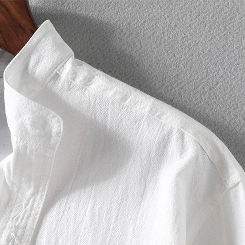 Buddha Stones Summer Solid Men's Buttons Half Sleeve Cotton Linen Shirt