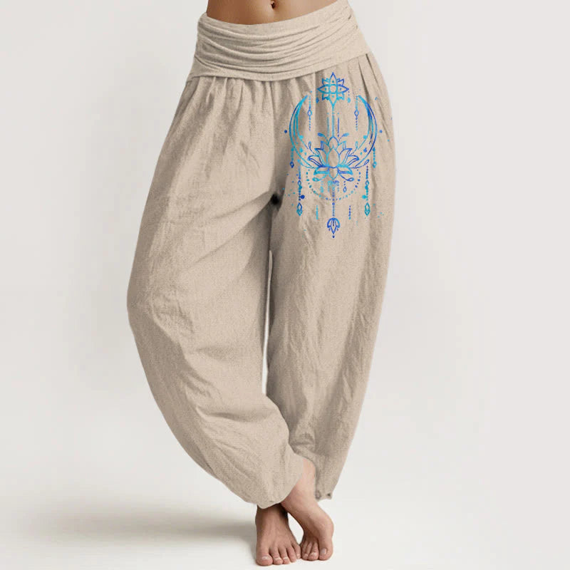 Buddha Stones Pure Cotton Elegant Lotus Pattern Women's Elastic Waist Harem Pants