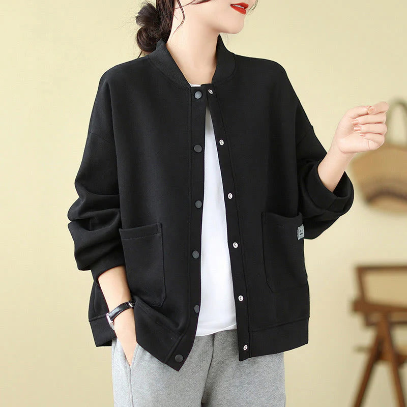 Buddha Stones Plain Women's Buttons Crew Neck Long Sleeve Cotton Jacket With Pockets