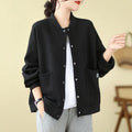 Buddha Stones Plain Women's Buttons Crew Neck Long Sleeve Cotton Jacket With Pockets
