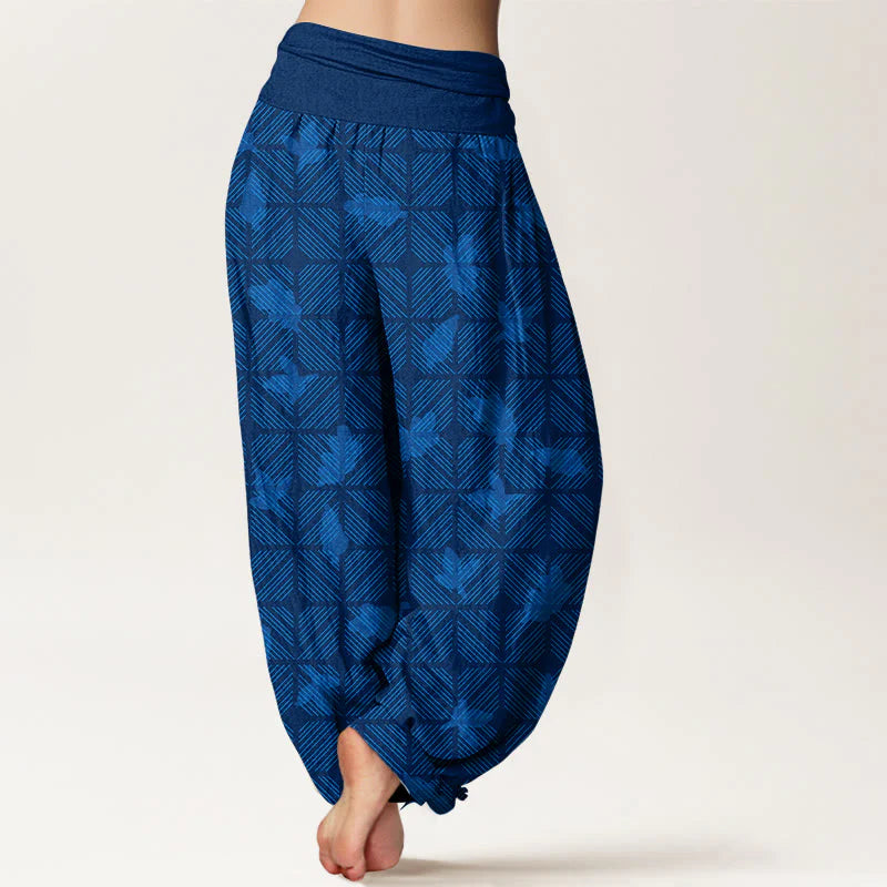 Buddha Stones Cotton Neatly Arranged Checkered Leaf Pattern Women's Elastic Waist Harem Pants