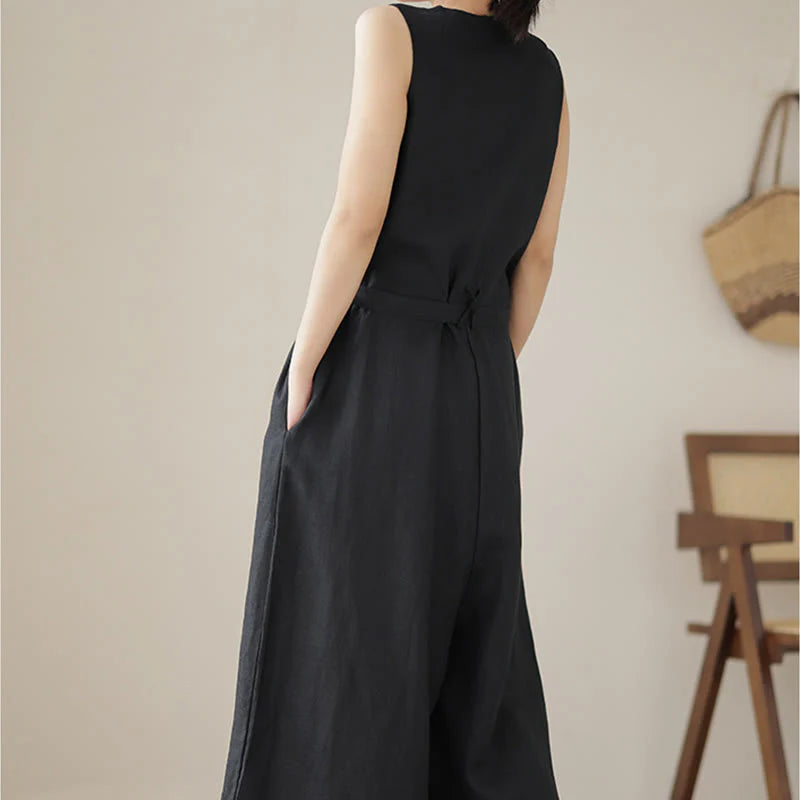 Buddha Stones Casual Lace-Up Simple Sleeveless Design Women's Cotton Linen Jumpsuit With Pockets