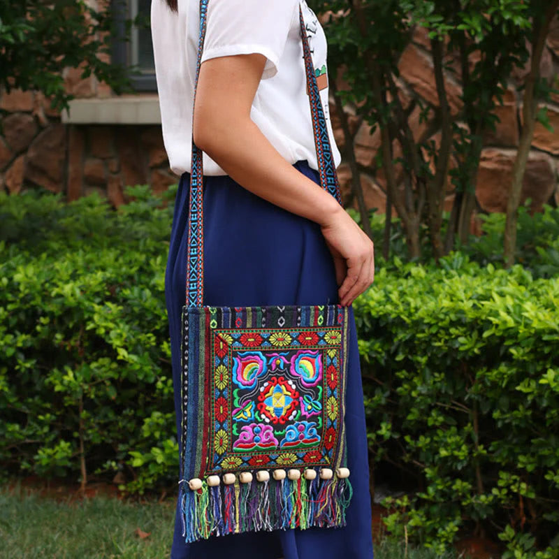 Buddha Stones Tibetan Handmade Embroidered Camellia Canvas Shoulder Bag Crossbody Bag