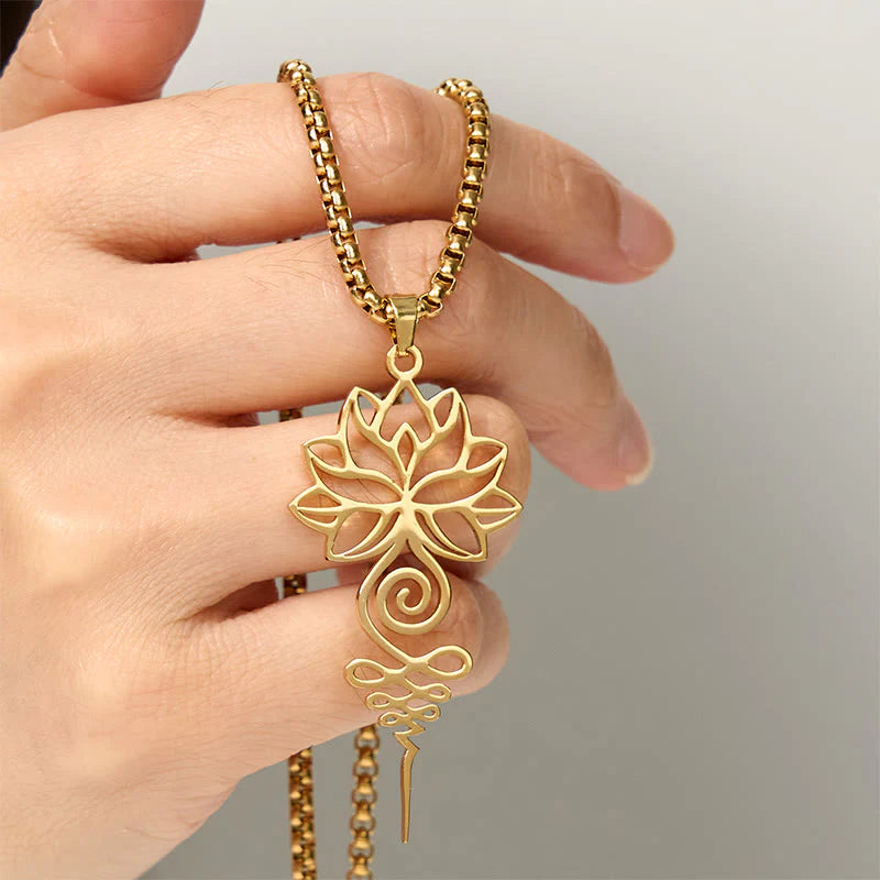 Buddha Stones Lotus Unalome Chakra Symbol Design Stainless Steel Enlightenment Necklace Pendant