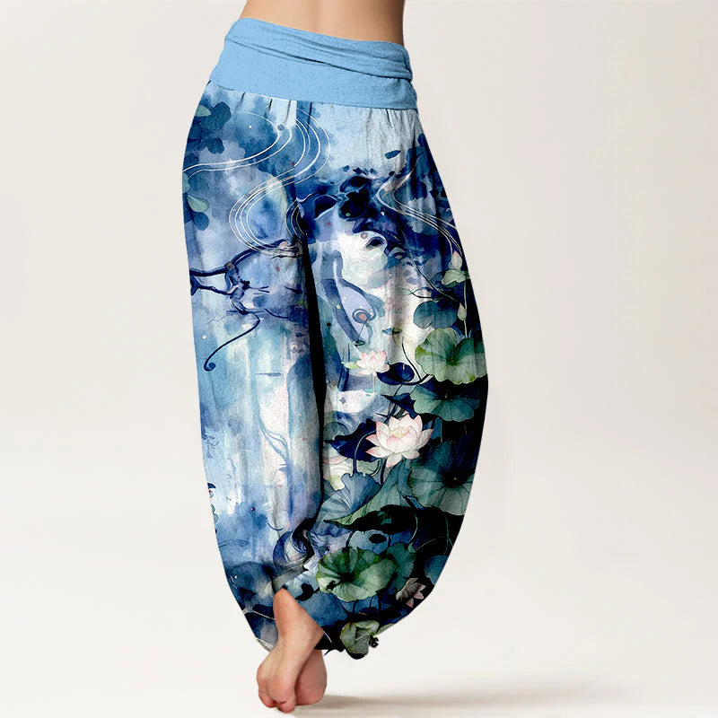 Buddha Stones Pure Cotton Watercolor Style Lotus Flower Leaf Pattern Women's Elastic Waist Harem Pants