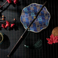 Buddha Stones Handmade Shell Scales Leaves Epiphyllum Pattern Long Purple Bamboo Handle Portable Curlable Fan