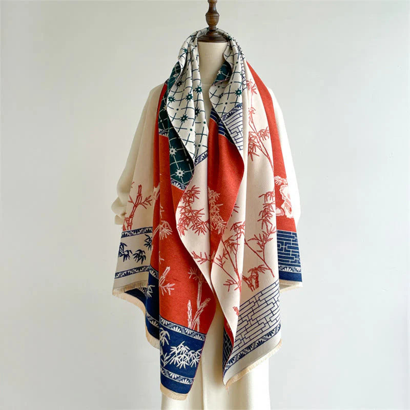 Buddha Stones Winter Bamboo Leaf Little Bird Pattern Cozy Scarf Shawl