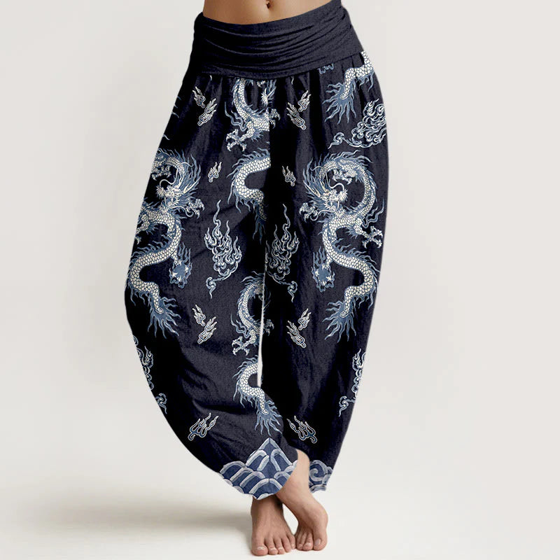 Buddha Stones Pure Cotton Dragon And Cloud Pattern Women's Elastic Waist Harem Pants