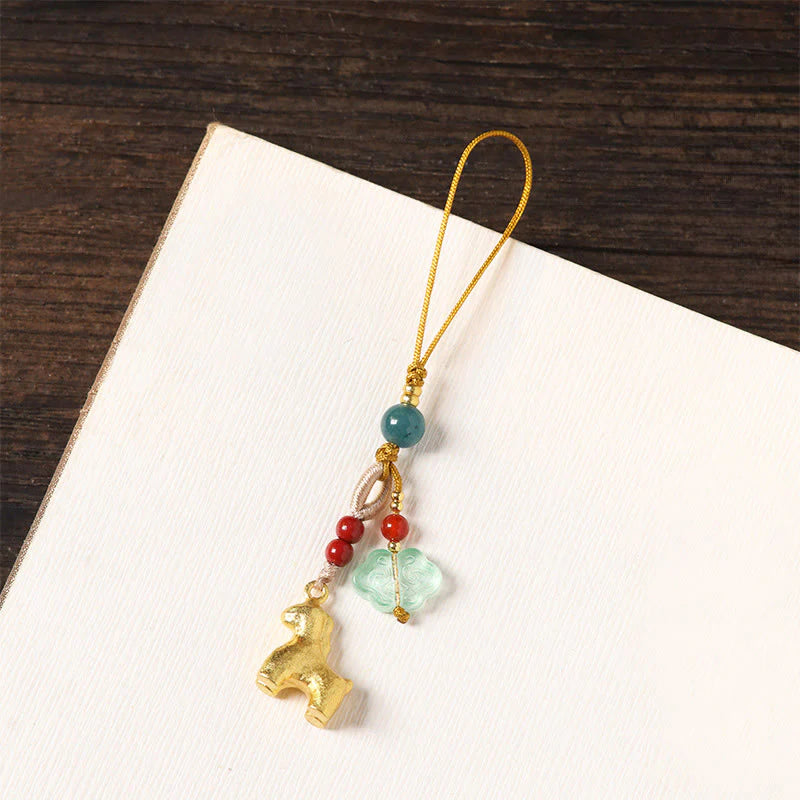 Buddha Stones Year of the Horse Copper Cinnabar Blue Chalcedony Red Agate Liuli Luck Phone Hanging Decoration