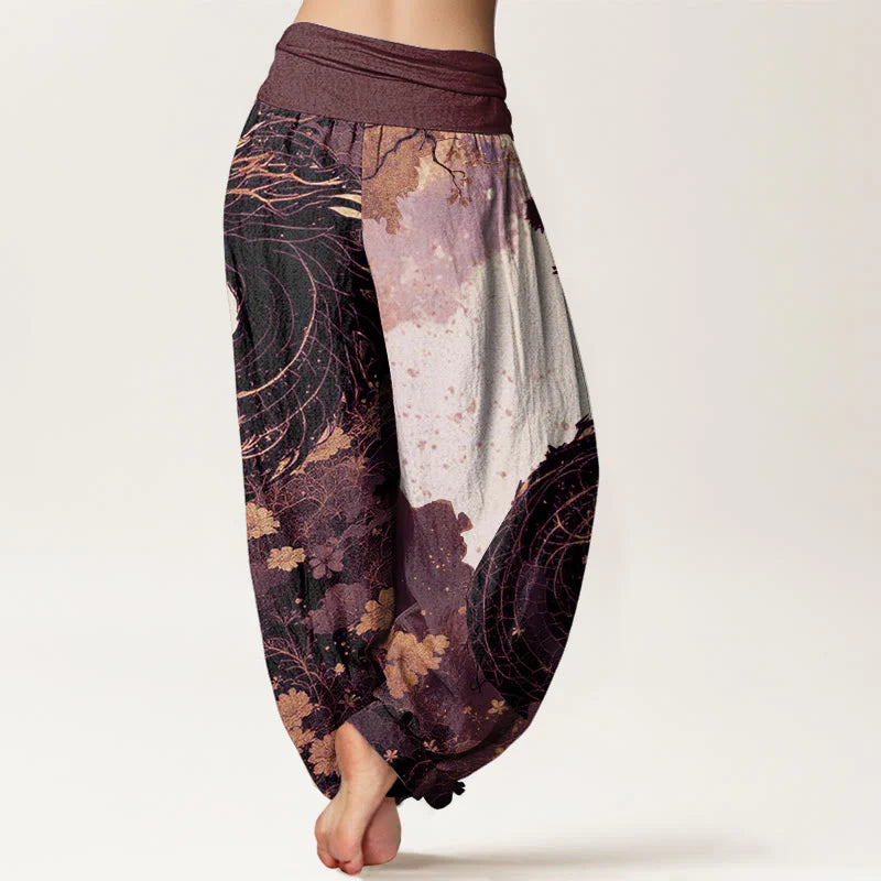Buddha Stones Cotton Casual Dragon Ancient Tree Pattern Women's Elastic Waist Harem Pants