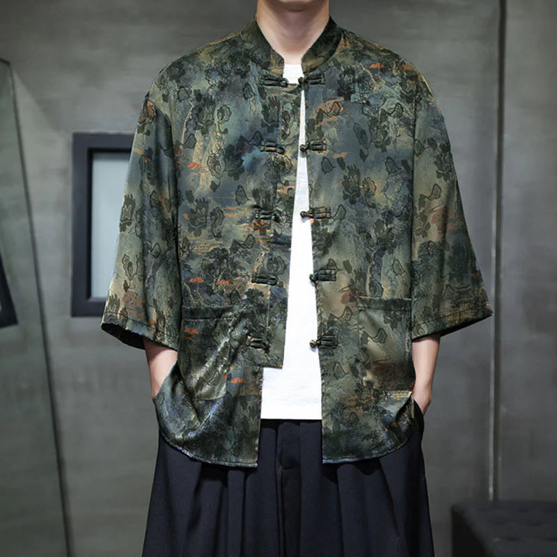 Buddha Stones Spring Frog-Button Dragon Mountain Flower Three Quarter Sleeve Tang Suit Men's Shirt With Pockets