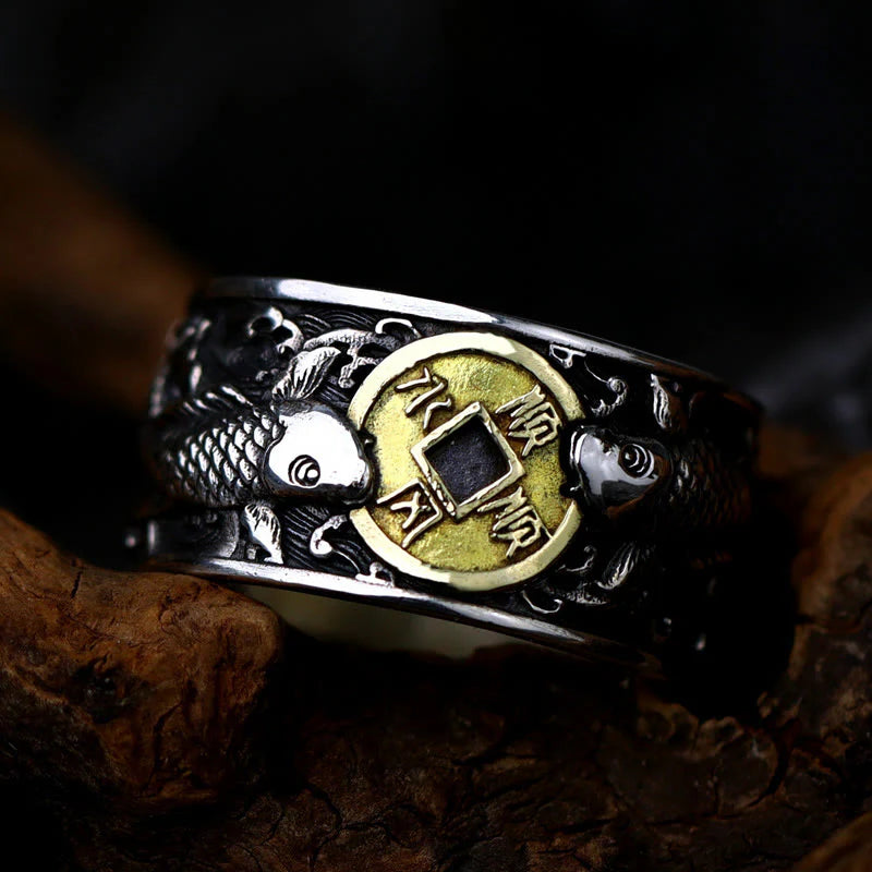 Buddha Stones Adjustable Opening 925 Sterling Silver Lucky Koi Fish Copper Coin Auspicious Clouds Wealth Ring