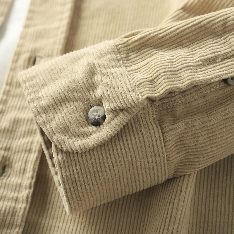 Buddha Stones Lapel Corduroy Solid Color Men's Long Sleeve Cotton Thickened Jacket With Pockets