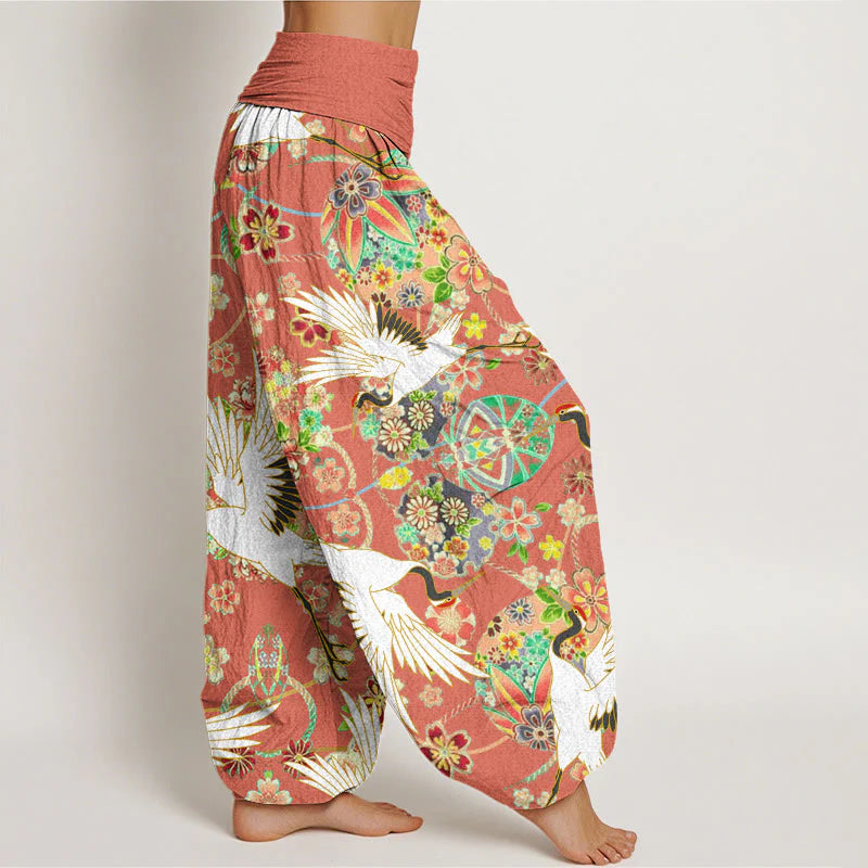 Buddha Stones Cotton Casual Crane Floral Geometric Pattern Elastic Waist Women's Harem Pants