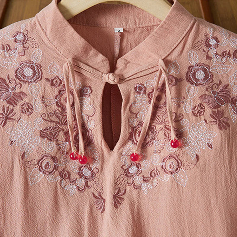Buddha Stones Vintage Embroidery Frog-button Half Sleeve High Waist Cotton Linen Women's Midi Dress