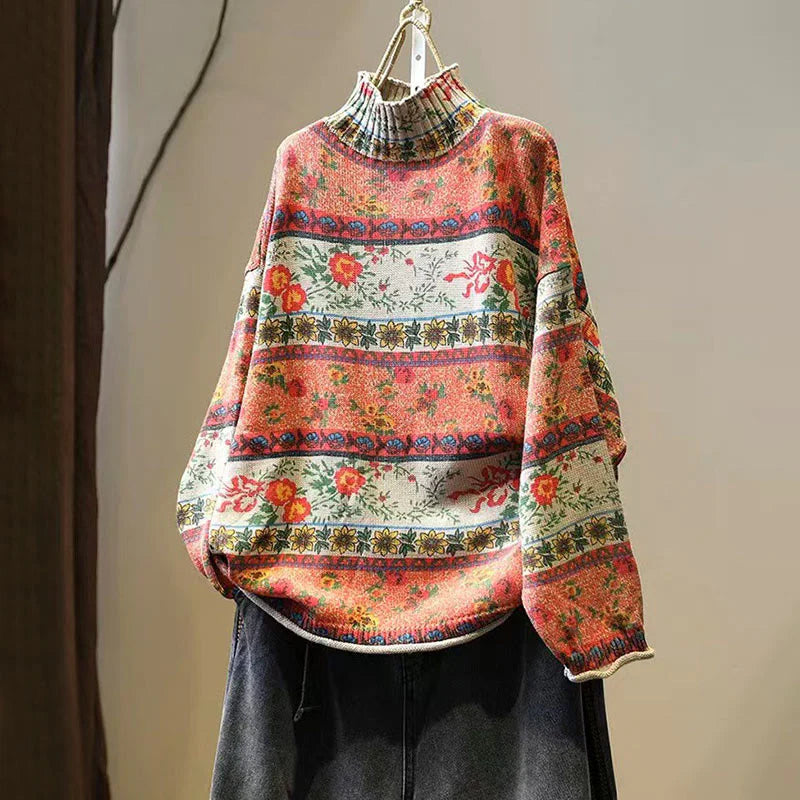 Buddha Stones Winter Color-block Flower Pattern Mock Neck Long Sleeve Women's Cotton Sweater