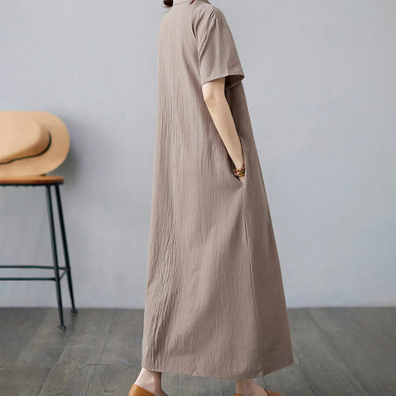 Buddha Stones Casual Plain Side Lace-Up Lapel Short Sleeve Cotton Linen Midi Dress With Pockets
