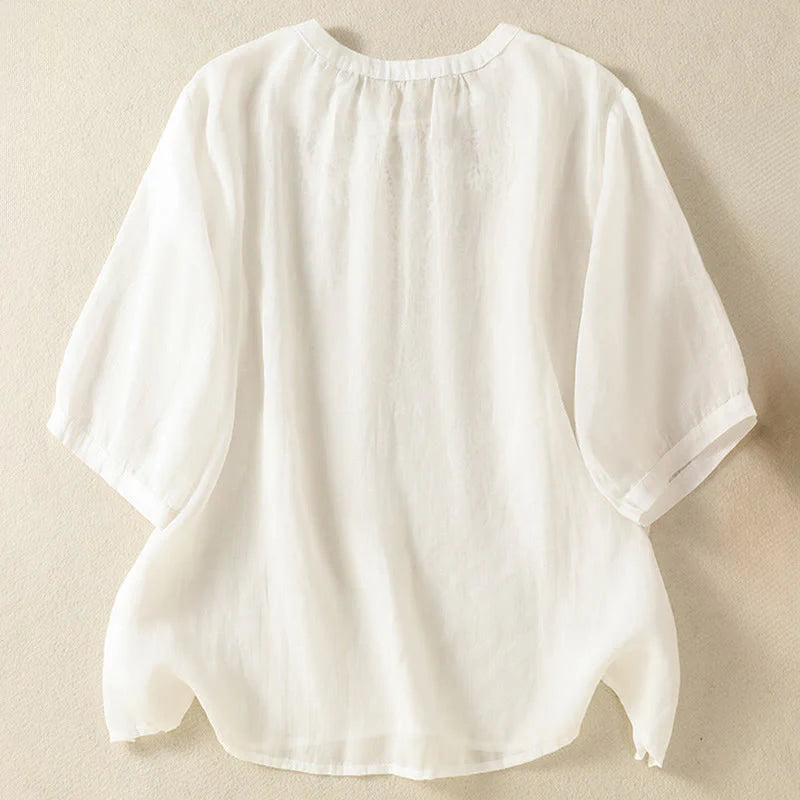 Buddha Stones Summer Embroidery Flower Lace-up Design Notched Collar Women's Short Sleeve Shirt