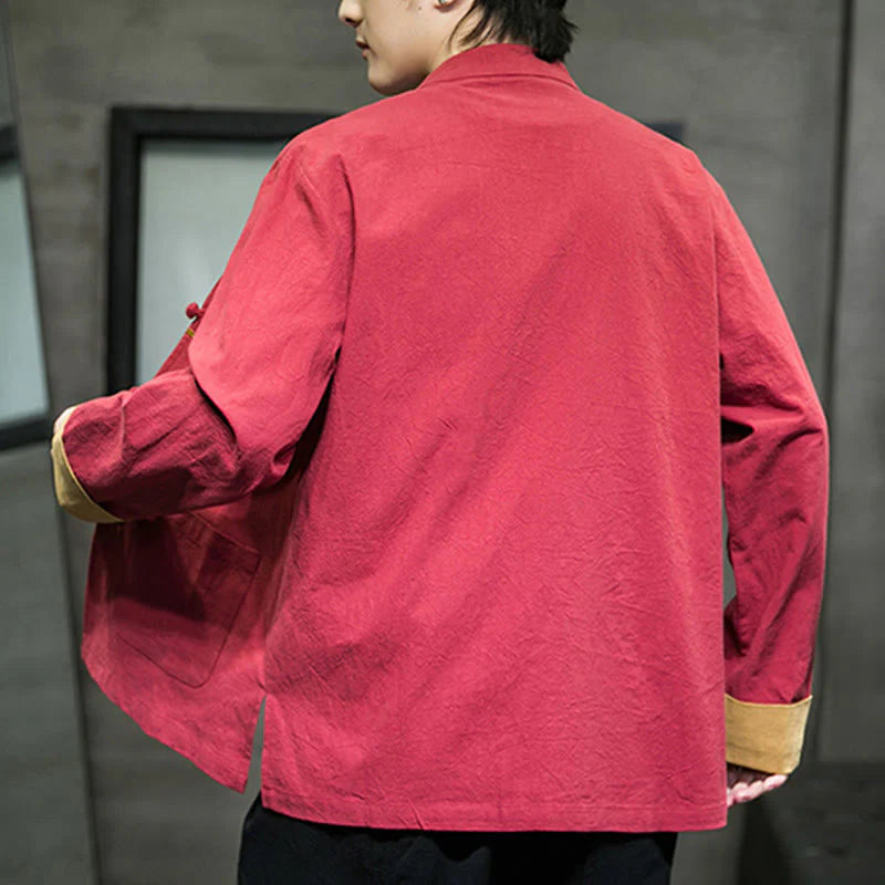 Buddha Stones Embroidery Cranes Pattern Frog-Button Men's Cotton Long Sleeve Jacket With Pockets