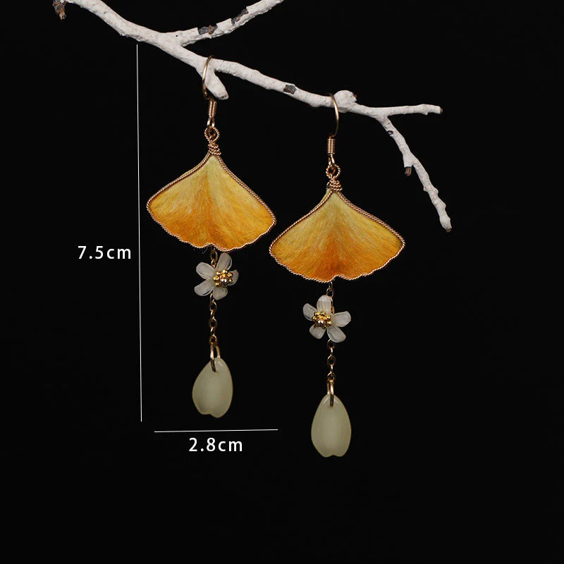 Buddha Stones Handmade Silk Craft Yellow Ginkgo Leaf Copper Hook Good Fortune Dangle Earrings