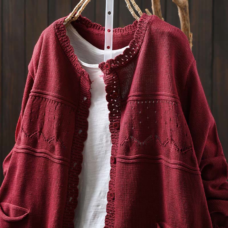 Buddha Stones Fall Lace Buttons Cotton Women's Long Sleeve Knitted Cardigan Sweater With Pockets