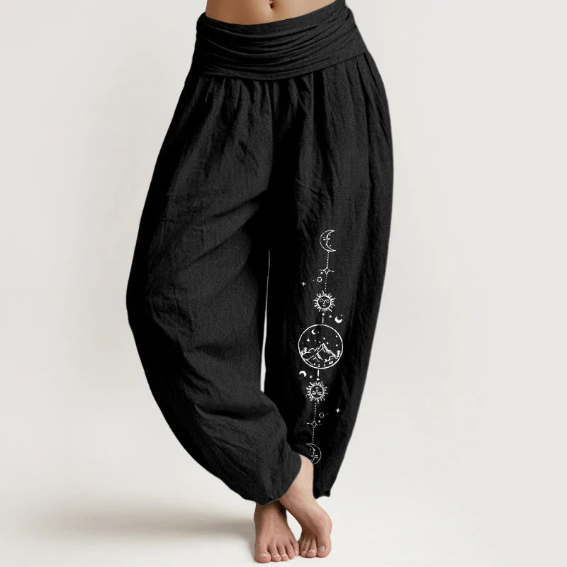 Buddha Stones Pure Cotton Minimalist Design Moon Sun Star Mountain Pattern Women's Elastic Waist Harem Pants