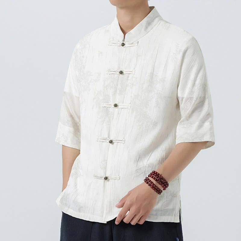 Buddha Stones Summer Pine Needles Pattern Short Sleeve Frog-Button Design Men's Shirt