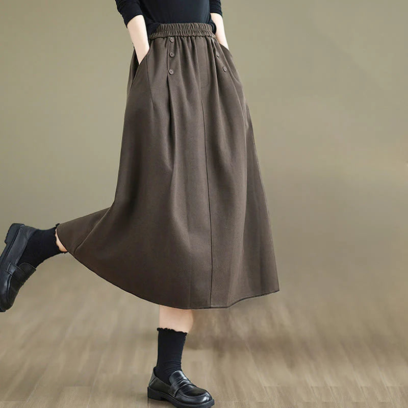 Buddha Stones Women's Winter Pure Color Cotton 7-8 Length Elastic Waistband Skirt With Pockets