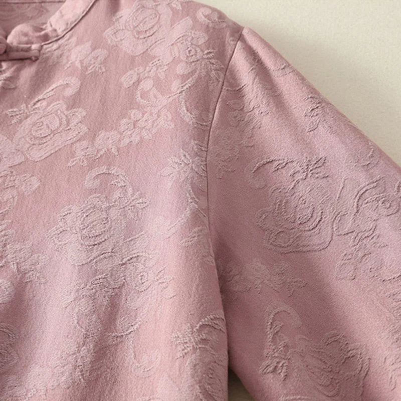 Buddha Stones Jacquard Diagonal Placket Long Sleeve Women's Cotton Linen Buttons Shirt